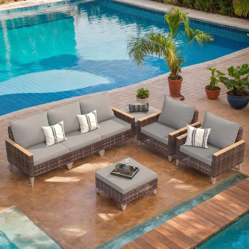 5-Piece High Footed Hollowed Out Rattan Furniture Set - 7-Seat Sofa Set with Cushions