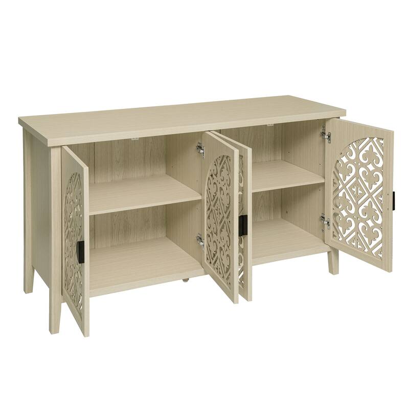 Symmetrical Carved Buffet, Storage Cabinet with Adjustable Shelves, Hollowed-out Accent Cabinet with Wood Feet
