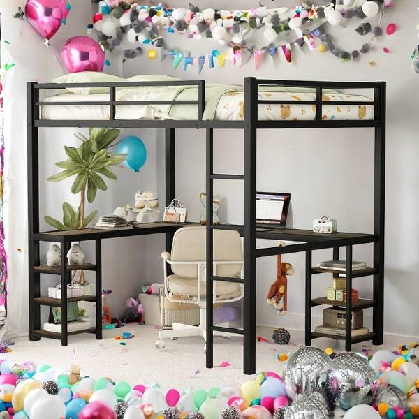 slide 2 of 7, Full Metal Loft Bed with Desk & Shelves, Black Black