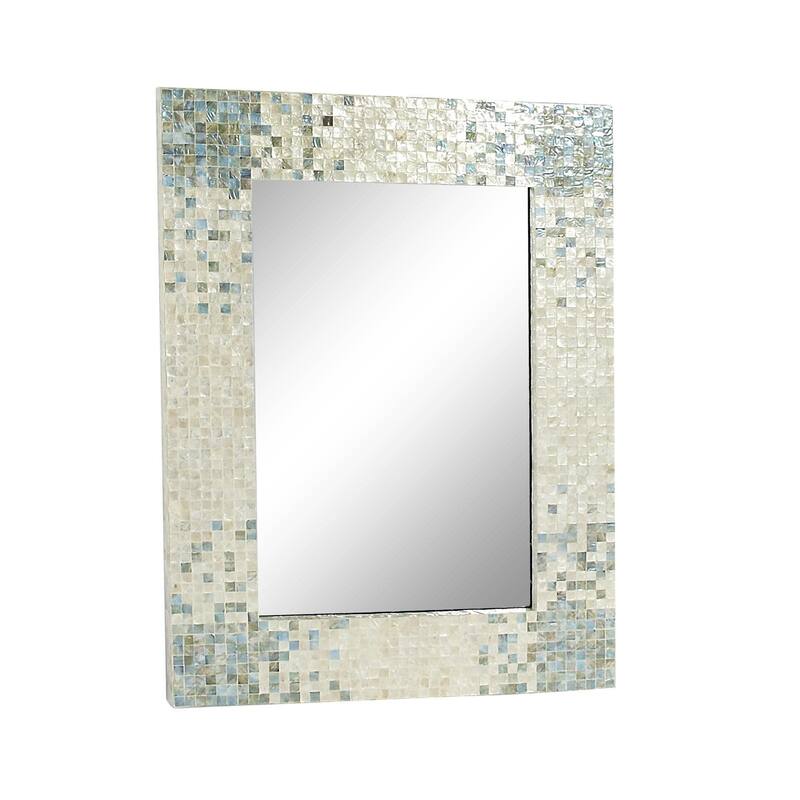Cream Mother of Pearl Shell Handmade Mosaic Room Wall Mirror with Blue Corners