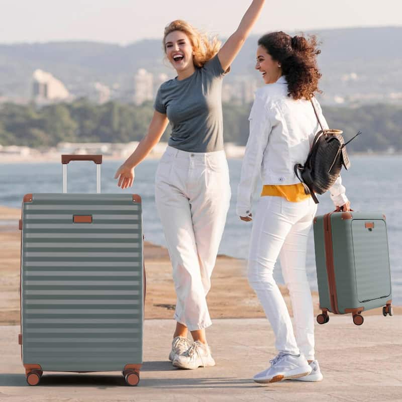 Luggage Sets 5 Piece with Front Opening, Hardside Expandable Carry on Suitcase with Spinner Wheels TSA Lock USB Port Cup Holder