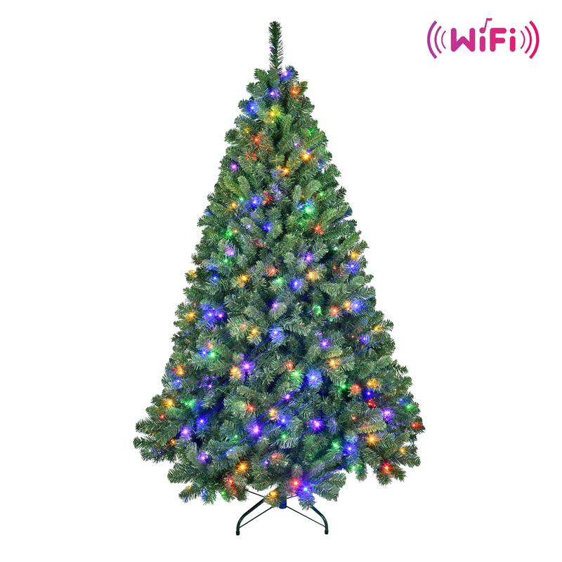 Smart Pre-Lit Artificial Christmas Tree - WiFi Music Sync, App Control, Dual-Color LED Lights, Metal Stand - Green
