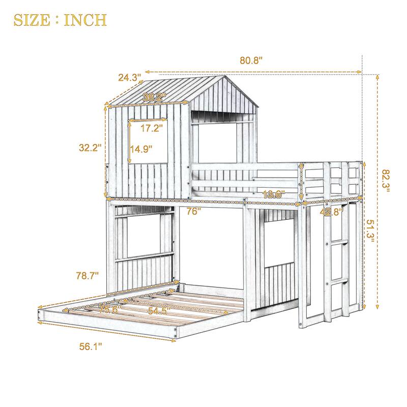 L-Shaped Bunk Bed Playhouse Wooden Twin Over Full House Bed, Loft Bed with Ladder and Guardrails for Bedroom Kids Play & Sleep