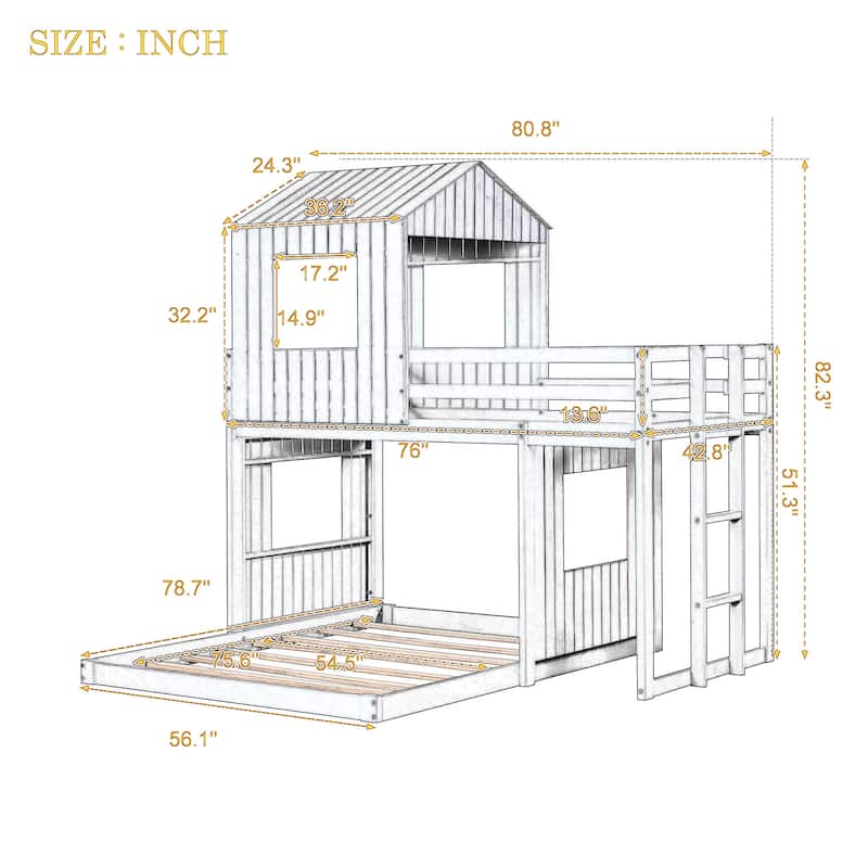 Wooden Twin Over Full Bunk Bed, Loft Bed with Playhouse, Farmhouse, Ladder and Guardrails , Antique Gray