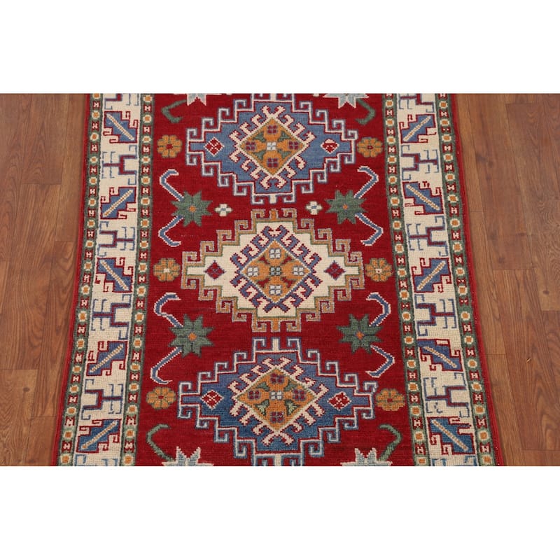 Geometric Red Kazak Accent Rug Hand-Knotted Foyer Wool Carpet - 2'9" x 4'1"