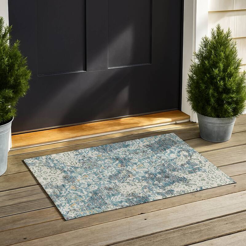 Machine Washable Indoor/ Outdoor Global Avon Chantille Rug - Teal - 1'8" x 2'6"