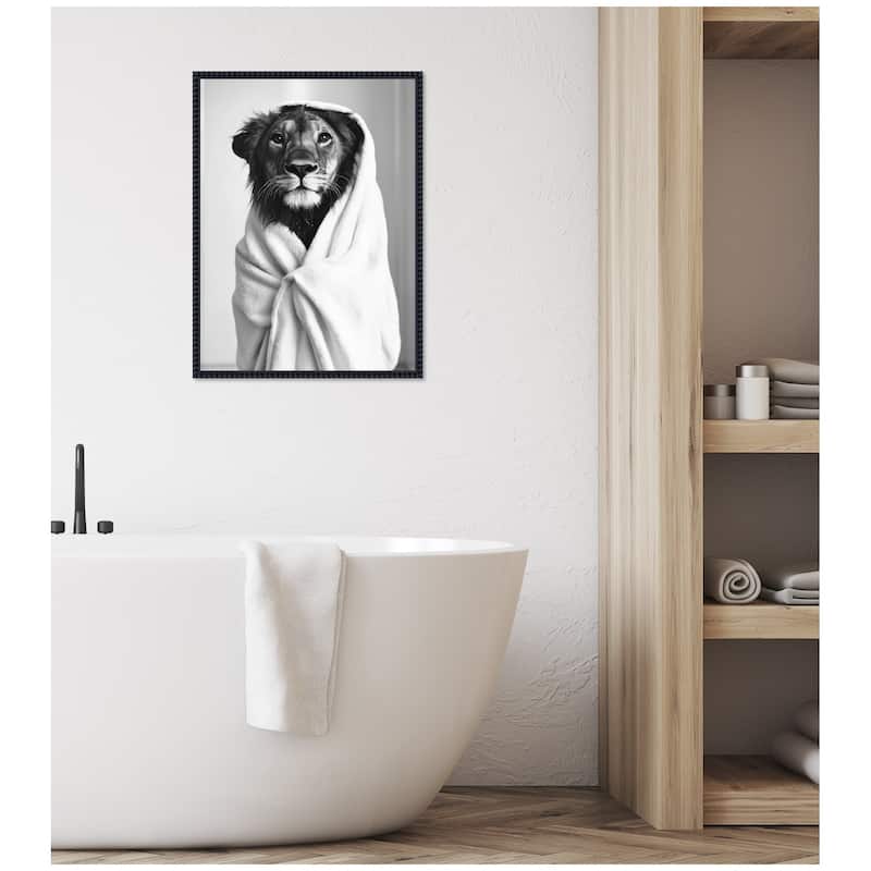Kate and Laurel Sylvie Lioness Bathroom Art Towel Robe Black and White Framed Canvas by The Creative Bunch Studio