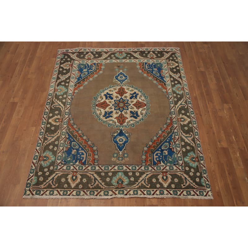 Hand Knotted Oriental 100% Wool Carpet Traditional Medallion Brown Tabriz Area Rug - 5' 11'' X 4' 10''