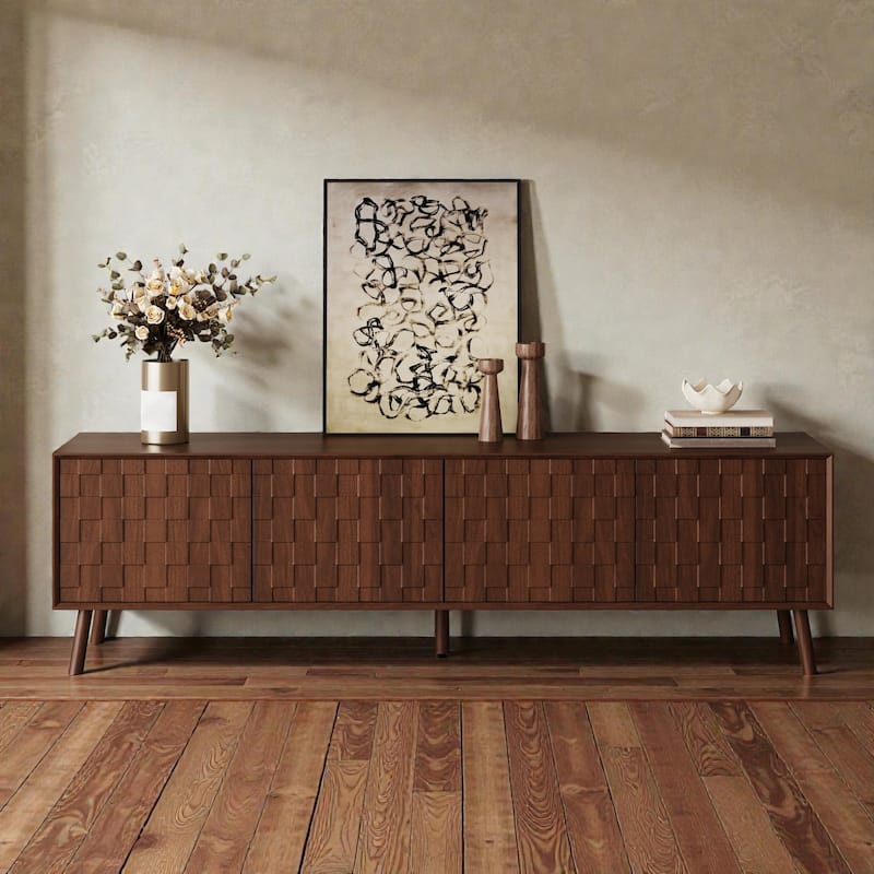 70" Modern TV Stand for TVs Up to 80", Entertainment Center with Beveled Edges, Solid Wood Legs & Soft-Close Hinges - Walnut