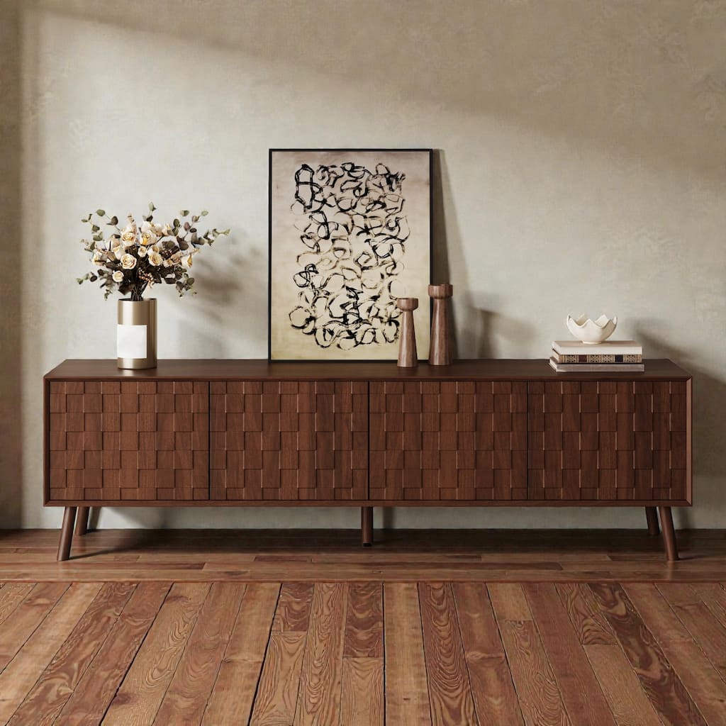 70" Modern TV Stand for TVs Up to 80", Entertainment Center with Beveled Edges, Solid Wood Legs & Soft-Close Hinges