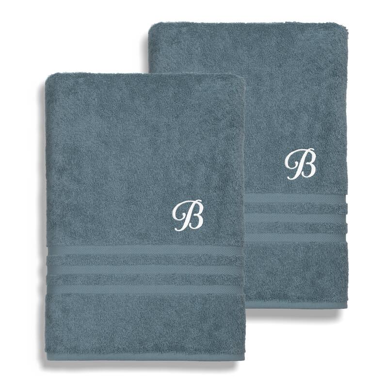 Authentic Hotel and Spa Omni Turkish Cotton Terry Set of 2 Medium Blue Bath Towels with White Script Monogrammed Initial - B