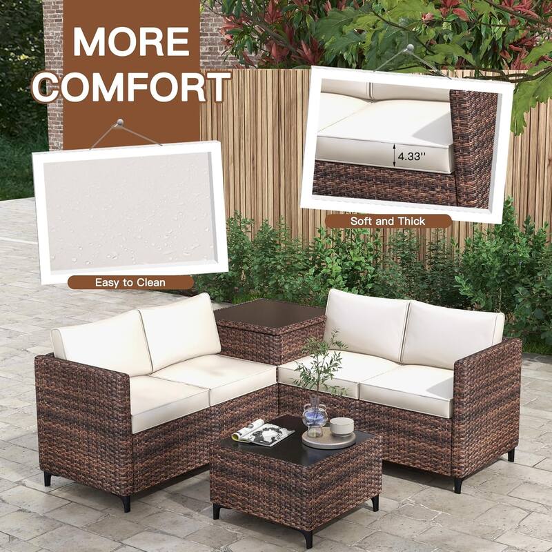 4-Piece Patio Sectional Sofa Set with Coffee Table and Storage Box