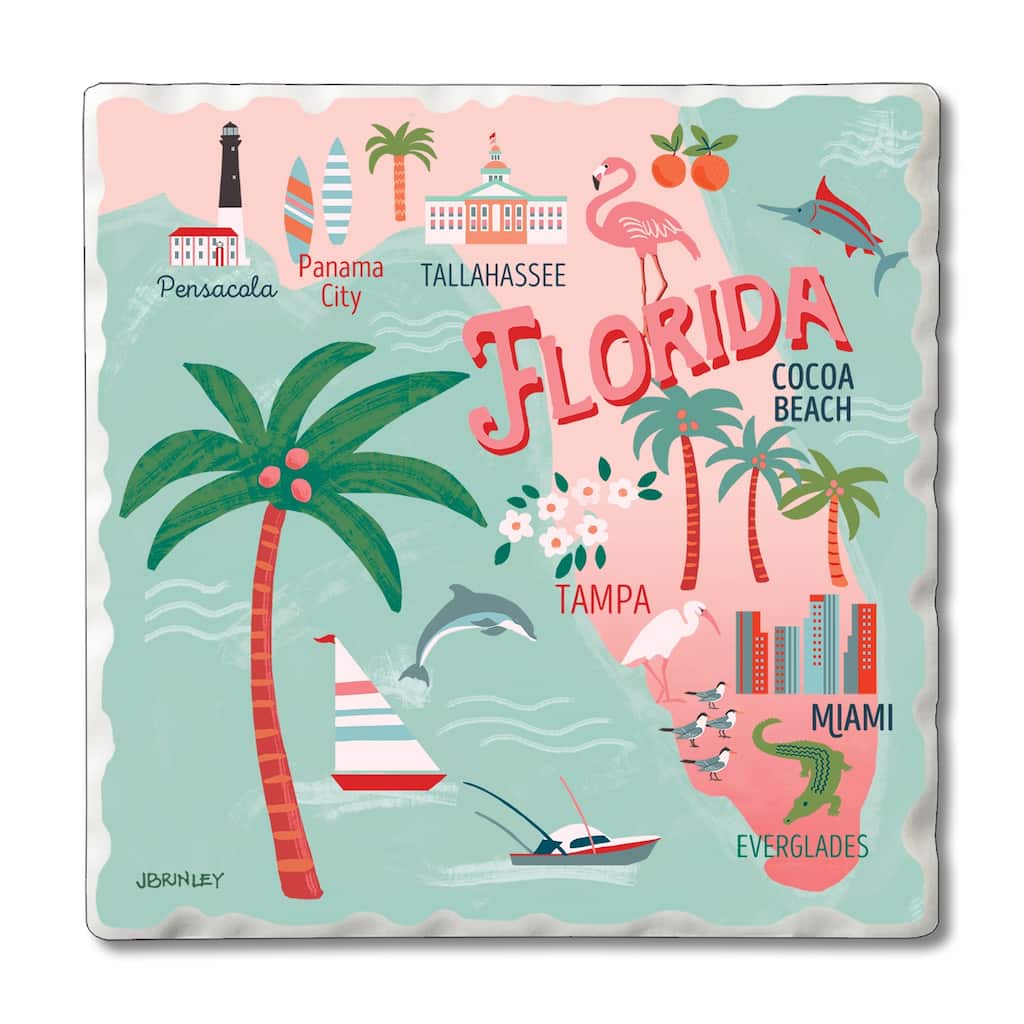 Absorbent Stone Beverage Coasters - Set of 4 - - State Attractions - FL - Multi-49
