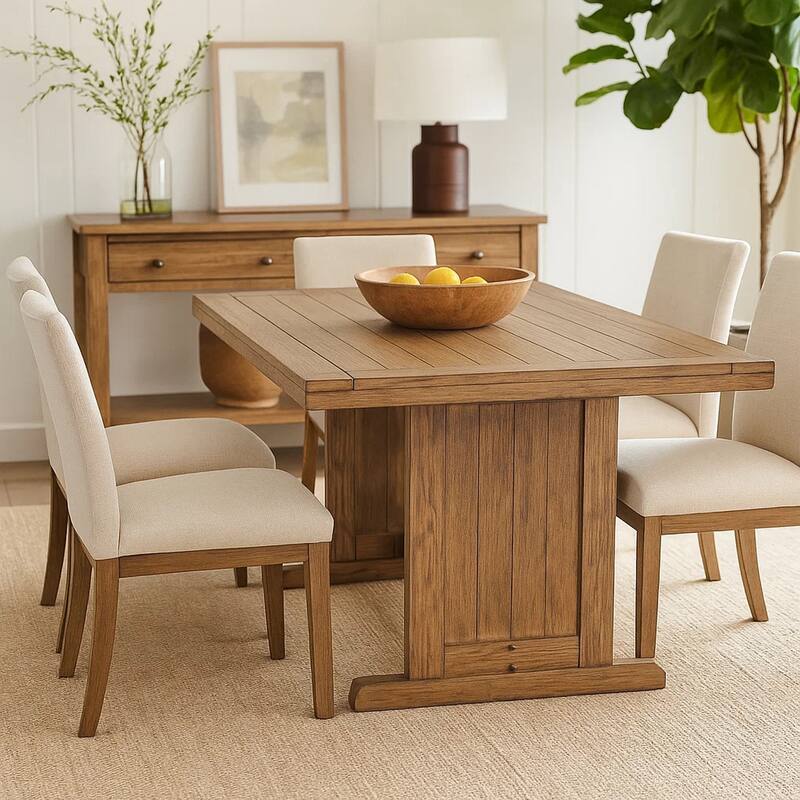 Yael Dining Table, 60 Inch Rectangular Plank Top, Light Brown Mahogany