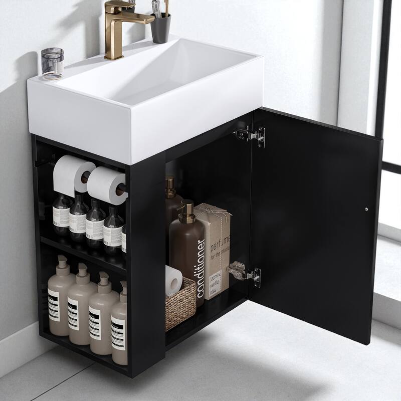 20" Wall Mounted Bathroom Vanity with Ceramic Sink, Diamond Door Design, Side Shelves and Towel Bar