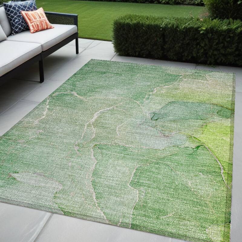 Allus Artistic Abstract Weather Resistant Classic Meets Modern Outdoor Rug - 5' X 8' - Green