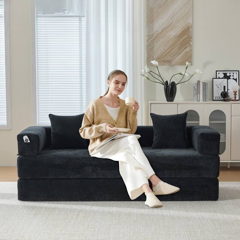 6-in-1 Folding Memory Foam Sleeper Sofa Bed Chenille Floor Chaise Lounge Couch with Side Pocket, Removable & Washable Cover - Black