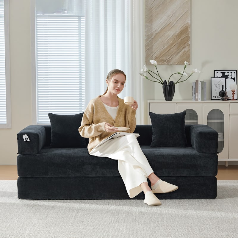 GALDWIN Chenille Upholstered Convertible Folding Sofa Bed with Pillows for Living Room