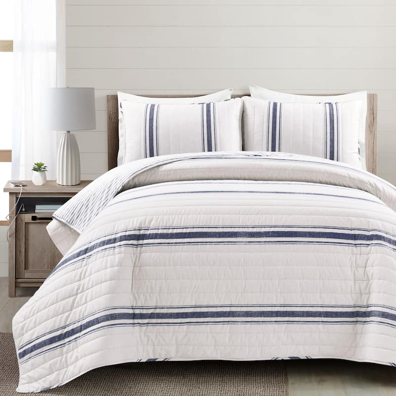 Lush Decor Farmhouse Stripe 3 Piece Quilt Set - Navy - King