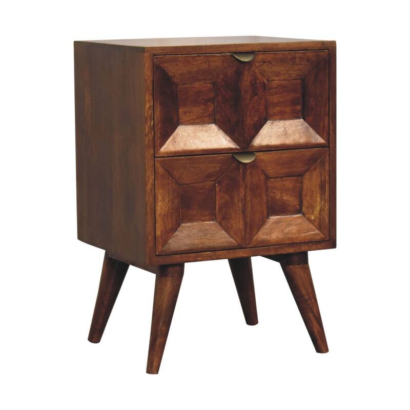 HomeRoots 24" Chestnut Solid Wood Square Carved Geometric Two Drawer Nightstand