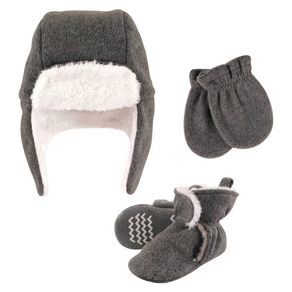 slide 2 of 2, Hudson Baby Unisex Baby Trapper Hat, Mitten and Bootie Set, Heather Charcoal 0-6 Months - Heather Charcoal
