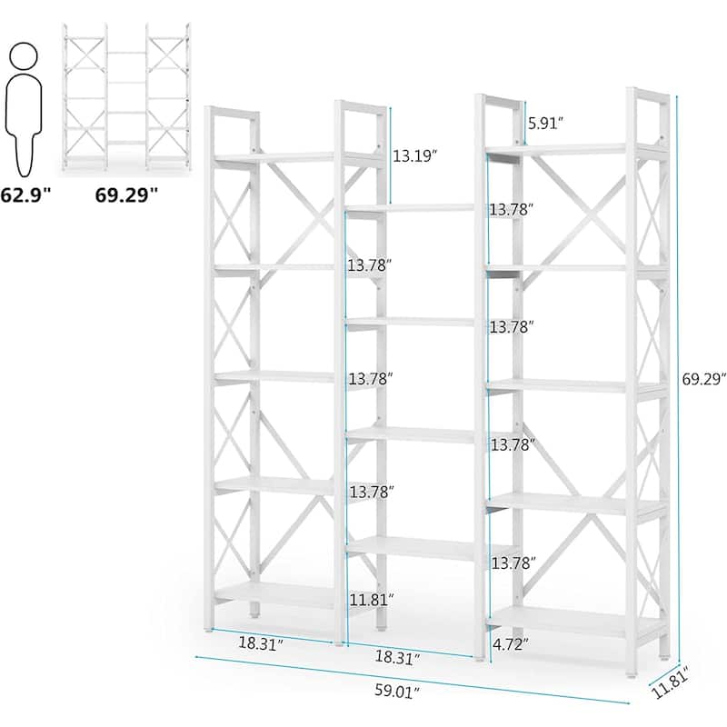 Open Triple Wide 5-Shelf Bookcase, Industrial Etagere Bookshelf for Home & Office