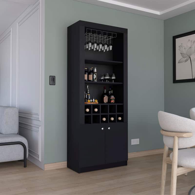 74"Tall 4-Tier Modern Bar Cabinet with Glass Holder Stemware Rack,Wine Cabinet,Liquor Cabinet,10 Bottle Cubbies and 4 Shelves