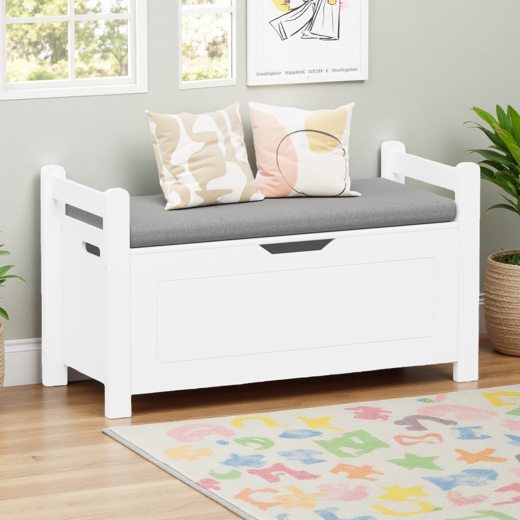 35"L Kids Toy Box Chest, MDF, Flip-Top Lid, Safety Hinge, Cushion Seat, Large Storage