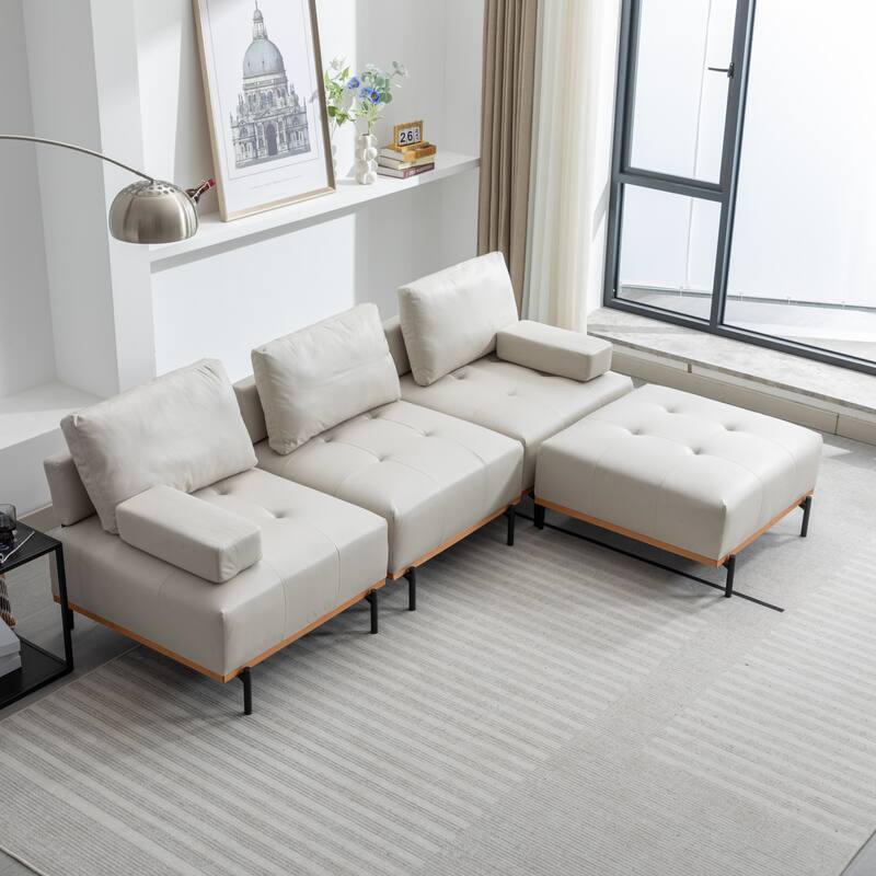 Beige 100.7'' L-Shaped 3 Seat Sectional Sofa Couch with Movable Ottoman and Removable Back Cushions for Living Room