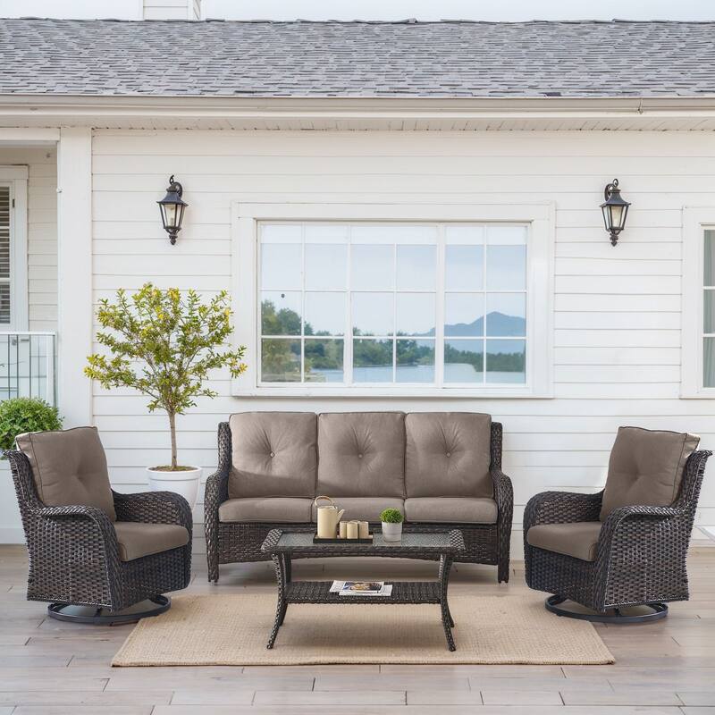 Outdoor Swivel Chairs with Sofa Coffee Table - Brown - Grey