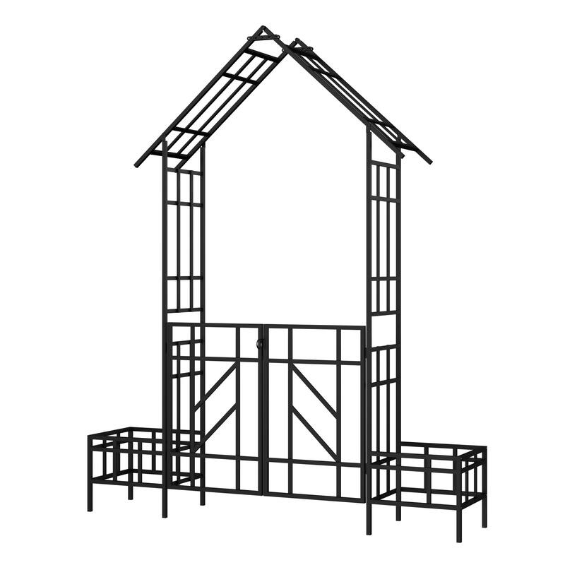 Metal Garden Arch with Bench Turned into Flower Stand Climbing Plants Support Rose Arch Outdoor Black