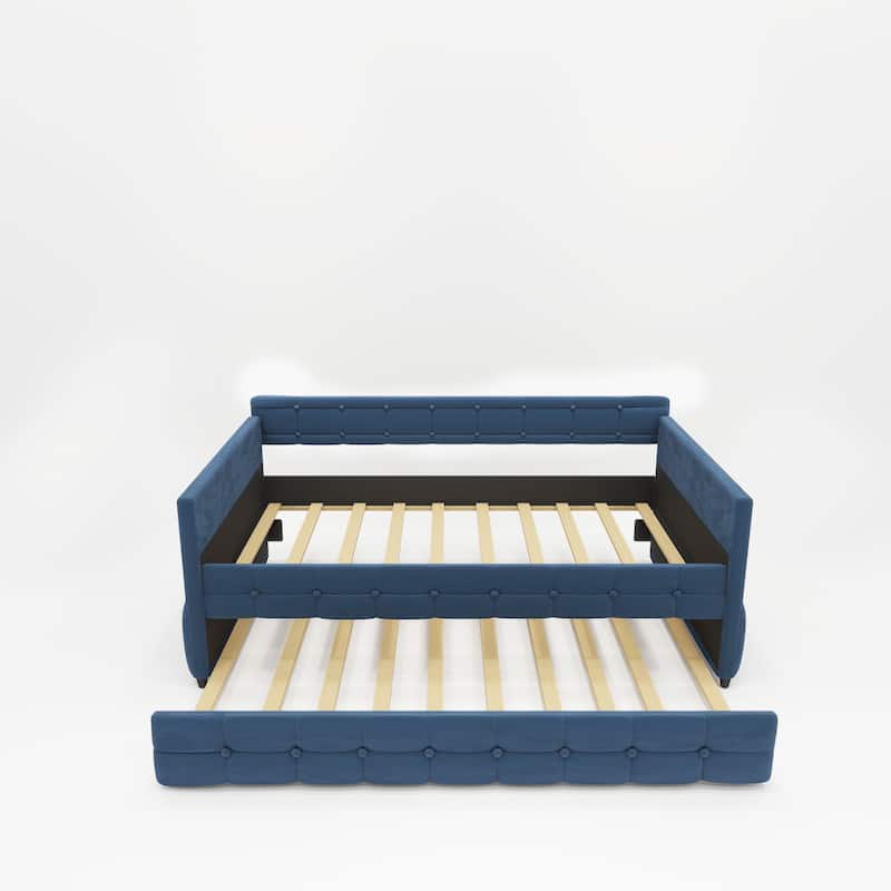 Daybed with Trundle, Velvet Upholstered Twin Size Day Bed Pull-Point Sofa Daybed Frame w/Twin Trundle, No Box Spring Needed,Blue
