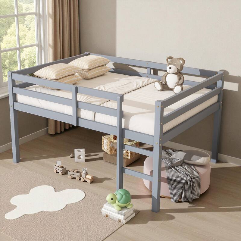 Full Size Loft Bed with Ladder, Solid Rubber Wood Frame Low Height Design with Guard Rails and Under-Bed Storage Space