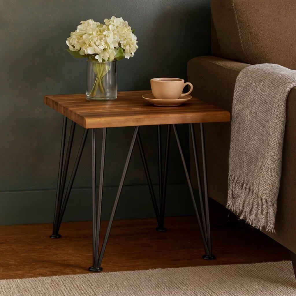 Zion Outdoor Accent Table, 18 Inch Square, Hairpin Legs, Brown Wood