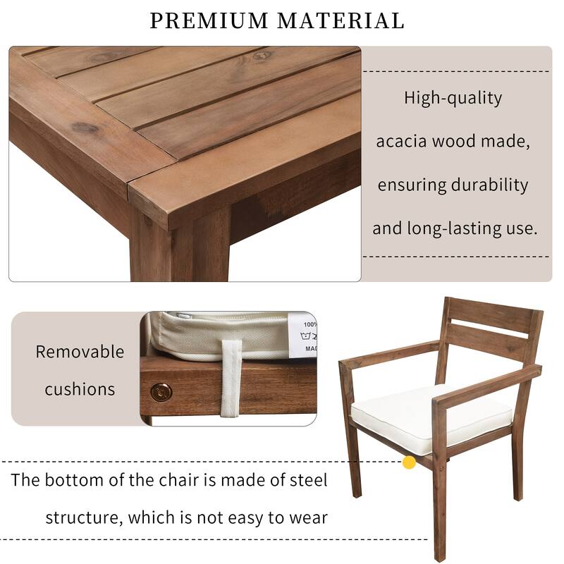 7-Piece Outdoor Patio Dining Set with 6 Armrest Chairs Acacia Wood Outdoor Dining Table and Chairs Set for Patio
