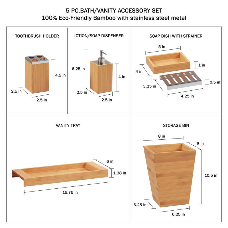 Bamboo Bath Accessories- 5 Pc. Set Natural Wood Tray, Lotion Dispenser, Soap Dish, Toothbrush Holder, Wastebasket by Lavish Home