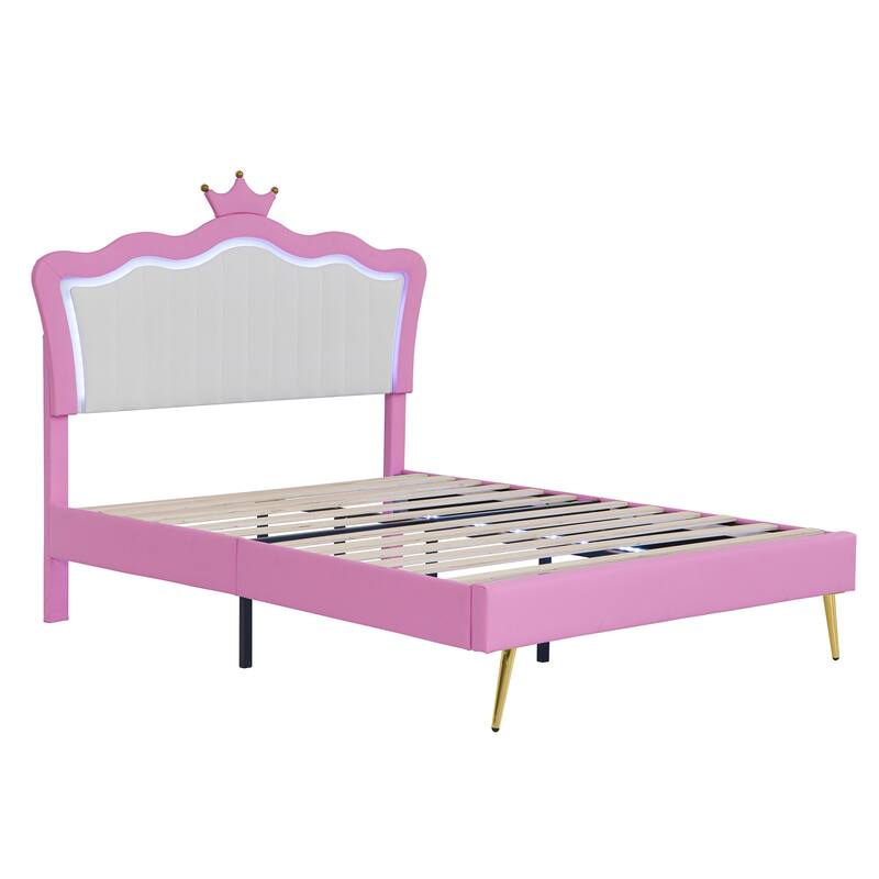 Full Size Upholstered Princess Bed with LED Lights and Crown Headboard, Pink and White