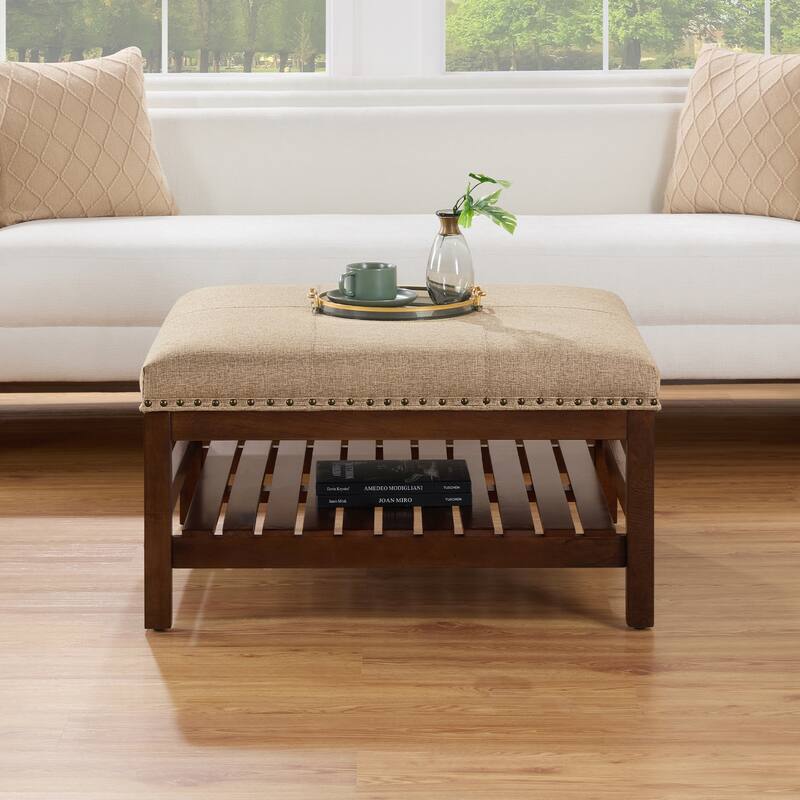 Coffee Table Cocktail Ottoman with Storage Shelf - Stylish Living Room Center Table with Upholstered Top and Storage Shelf