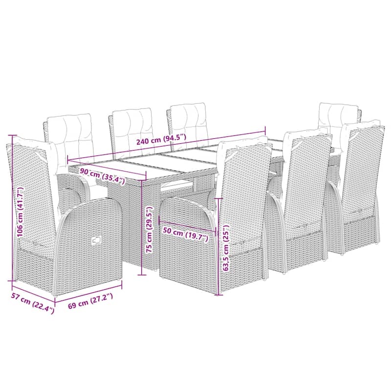 vidaXL Patio Dining Set with Cushions Outdoor Furniture Black Poly Rattan - 35.4 x 94.5 x 29.5