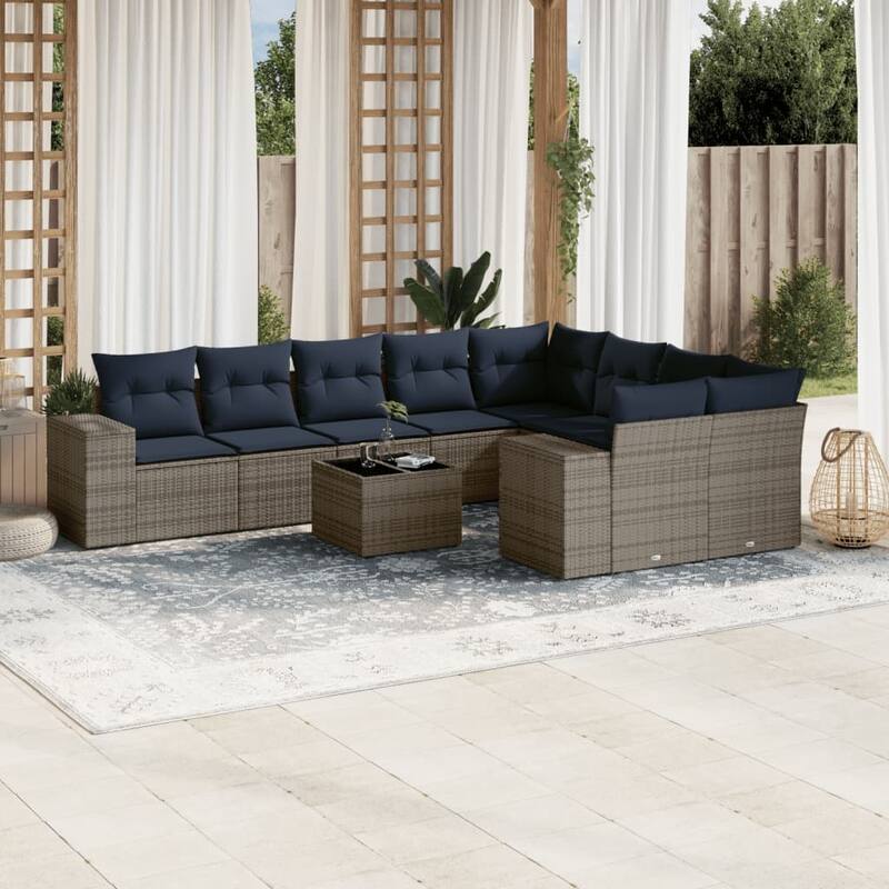 vidaXL 9/10 Piece Patio Sofa Set with Cushions Black/Brown/Gray Poly Rattan - 24.4 x 24.4 x 27.2