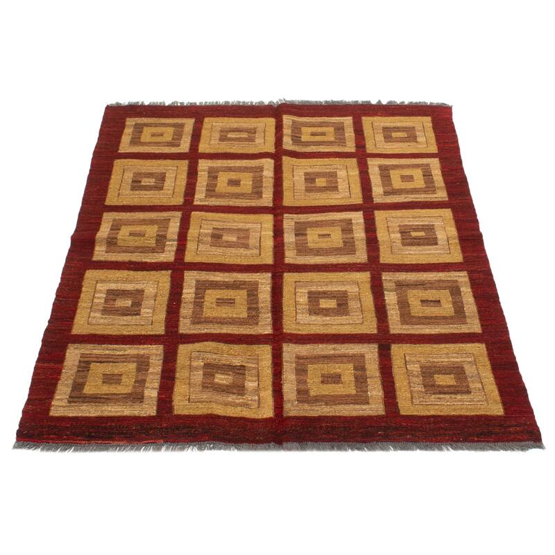 ECARPETGALLERY Flat-Weave Natural Burgundy Wool Tapestry Kilim - 5'0 x 5'11