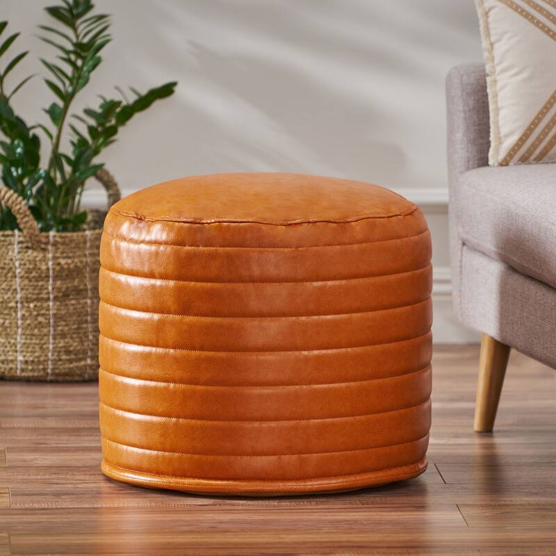 Baddow Contemporary Faux Leather Channel Stitch Pouf by Christopher Knight Home
