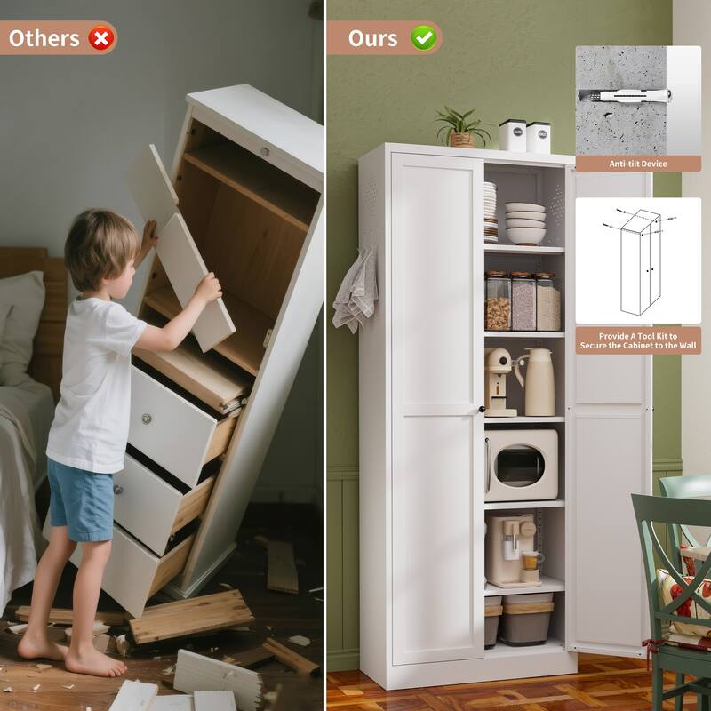 72" White Metal Kitchen Pantry Cabinet with Doors, Heavy-Duty Freestanding Storage Organizer with 5 Adjustable Shelves