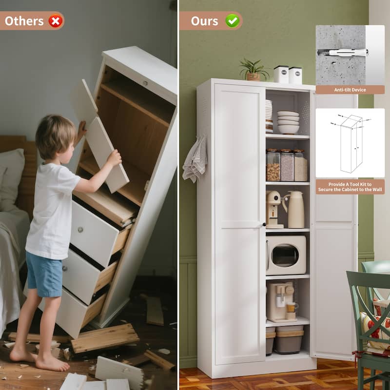 Anmytek White 72 Inch Tall Pantry Cabinet with Adjustable Shelves - Modern Storage for Kitchen and Laundry Room