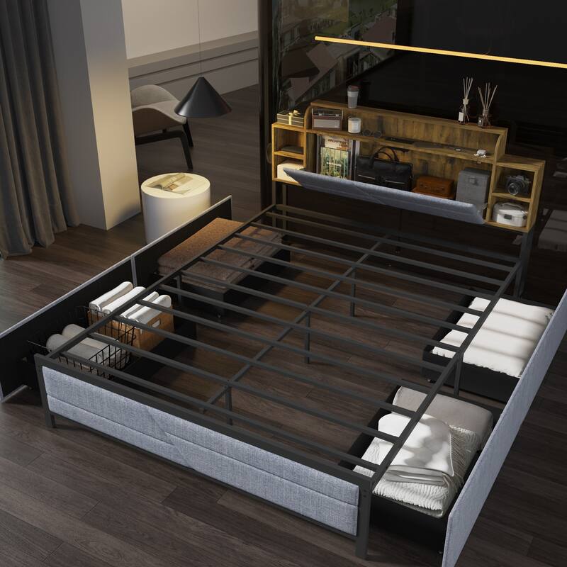 French Queen Size Bed Frame Platform with Brown/Black Storage Headboard & 4 Storage Drawers