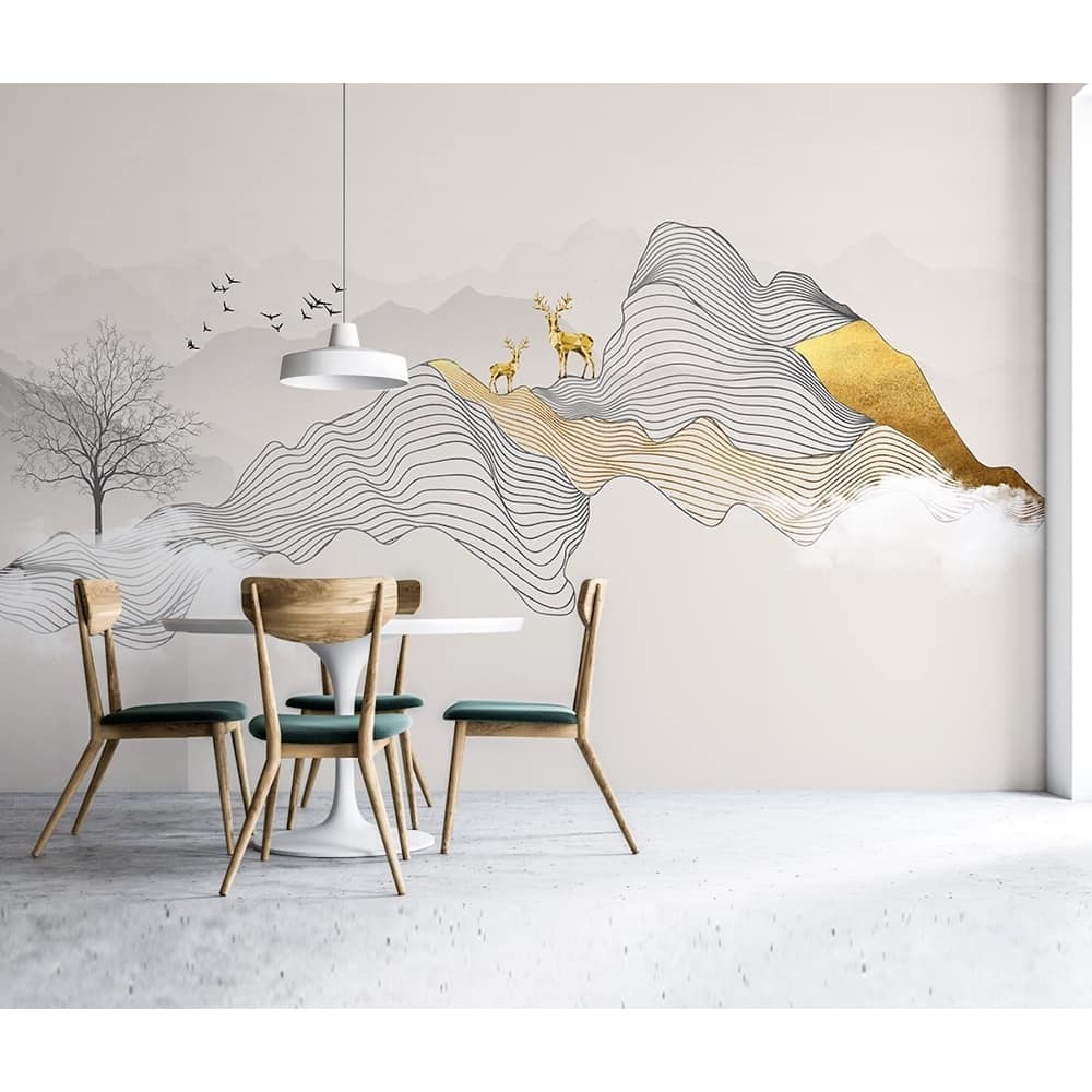 GK Wall Design Abstract Gold Horned Deer Black Stripes Minimalist Wallpaper