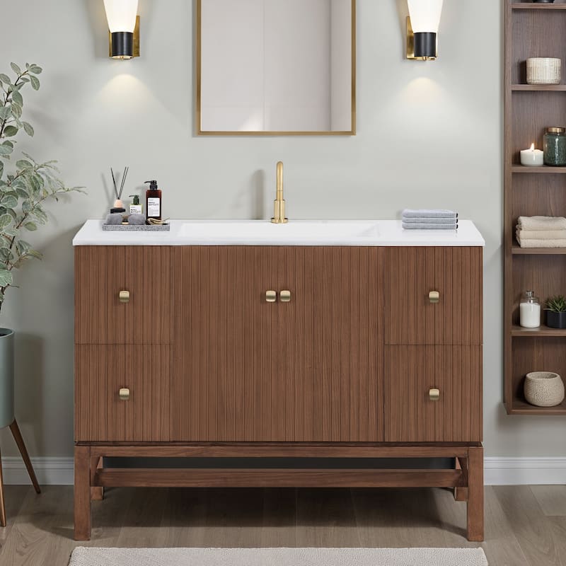 Kenzo 47 in. Bathroom Vanity in Walnut with White Solid Surface Top - 47" Single Sink - 47" Single Sink - Walnut