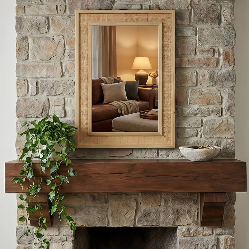 24"x36" Rattan Rectangle Solid Wood Frame Decorative Mirror,For Farmhouse,Bathroom,Home Decor,Entryway