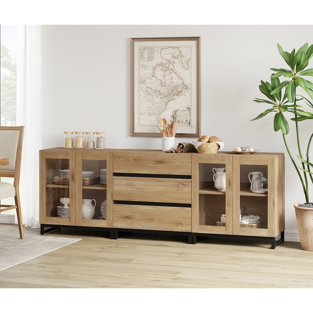WAMPAT 3 in 1 Modern Sideboard with Glass Doors and 3 Drawers, Coffee Bar Cabinet for Kitchen