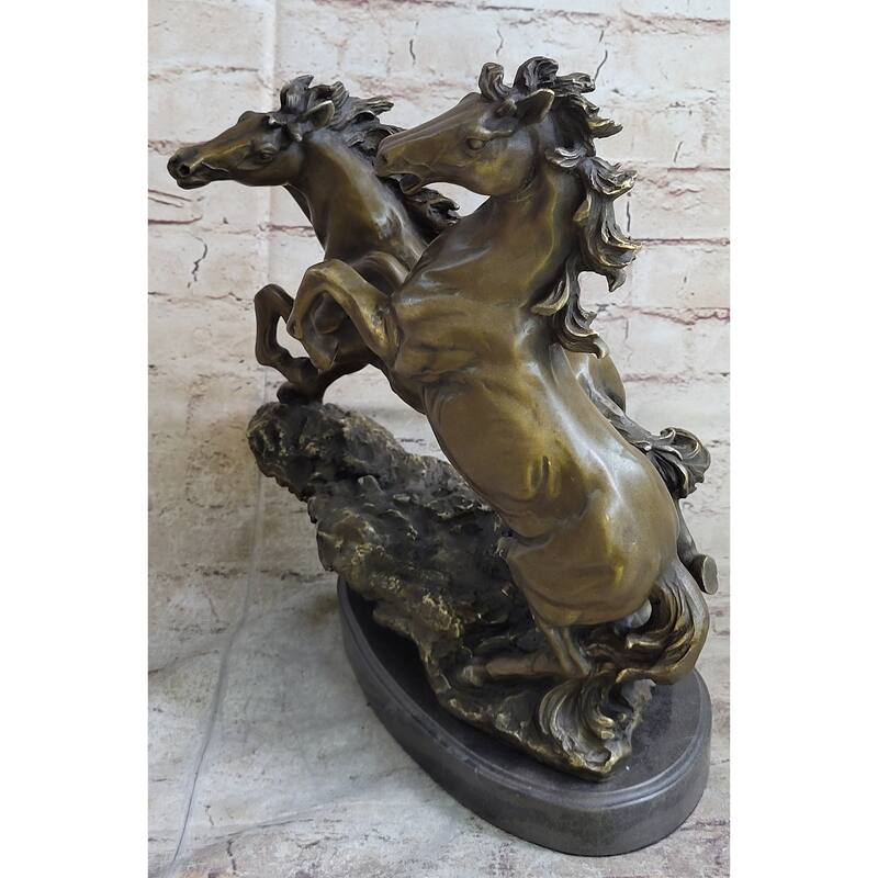 Pair Of Wild Stallion Mustang Imitative Horses Bronze Statue Sculpture Figure Mene 14 Inches X 12 Inches